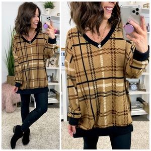 Madison + Mallory Plaid Tan Long Sweater